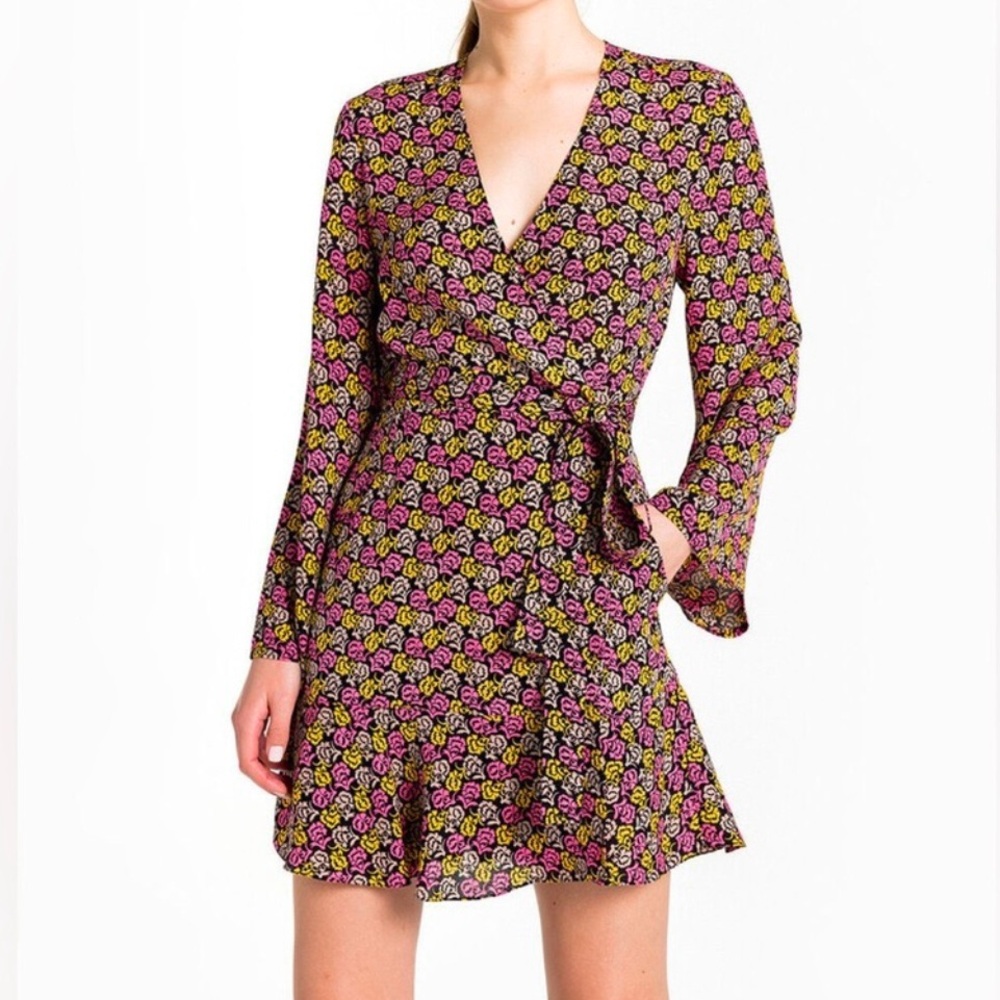 A.L.C Whitney Floral Bell Sleeve Silk Wrap Mini Dress size 14